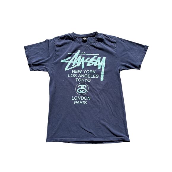 Stussy World Tour Blue T-Shirt Tee Size Med Men’s NY LA Tokyo London Paris - Picture 1 of 6